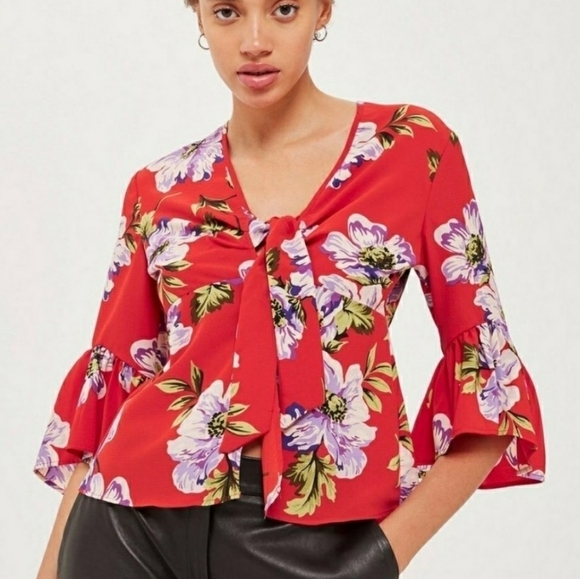 Topshop Bell Sleeves Front Knot Floral Top Size 8 - Picture 1 of 11